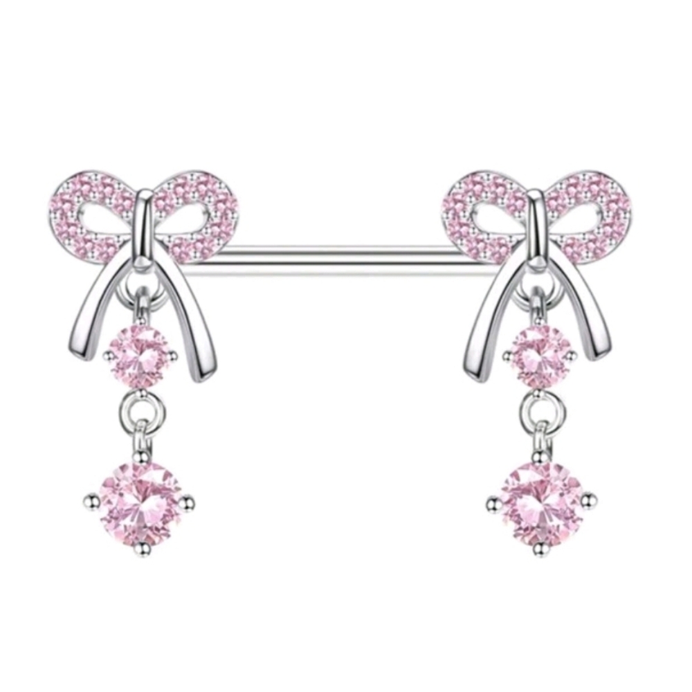 2pc Pair of Pink Rhinestone Bow Dangley Gems Nipple Ring Jewelry (OS) Set Of 2